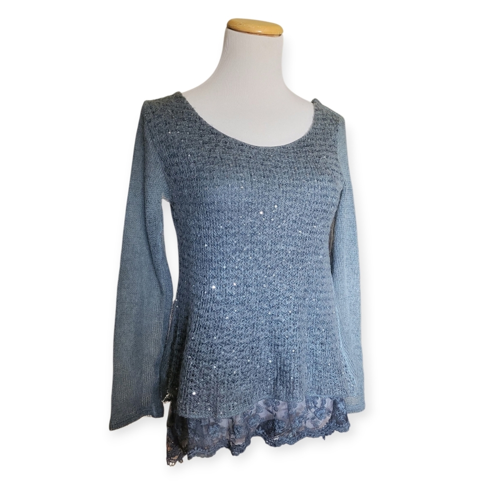 Italian Alpaca Blend Sweater With Lace Hem And Sequins